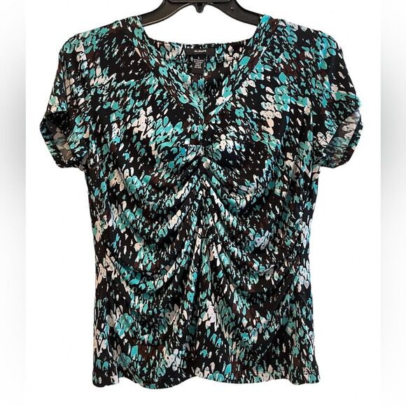 Alfani Pleated Short Sleeve Abstract Blouse Turquoise Black Brown‎ Size Large - Picture 1 of 5